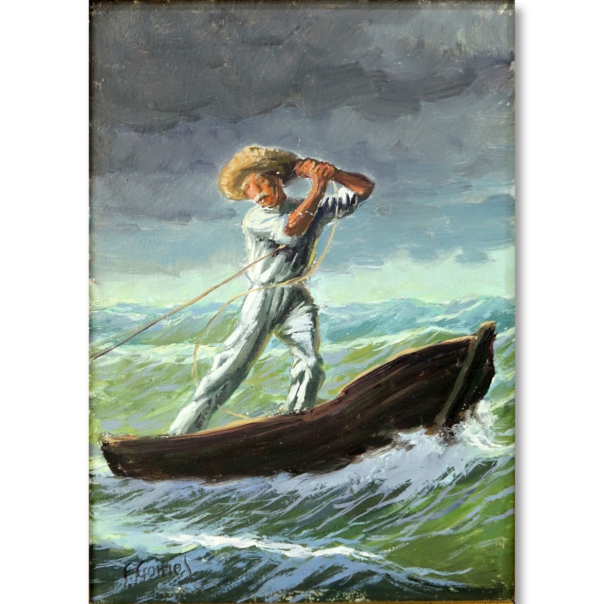 Fernando Pinto Gomes, (20th C) Oil on Masonite, Fisherman at Sea, Signed Lower Left. Label attached en verso.