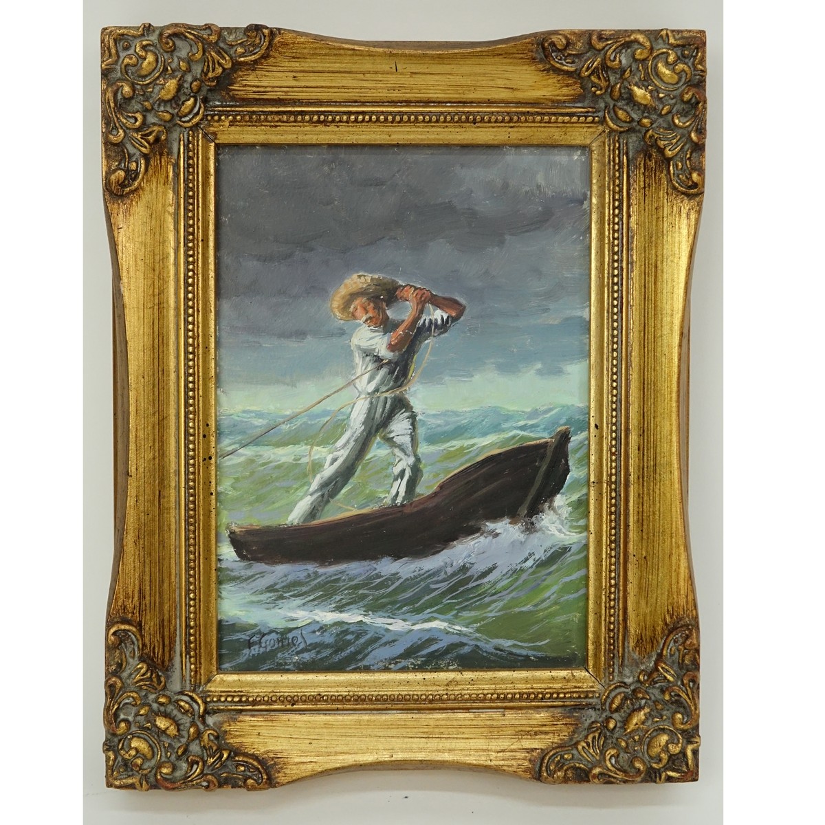 Fernando Pinto Gomes, (20th C) Oil on Masonite, Fisherman at Sea, Signed Lower Left. Label attached en verso.