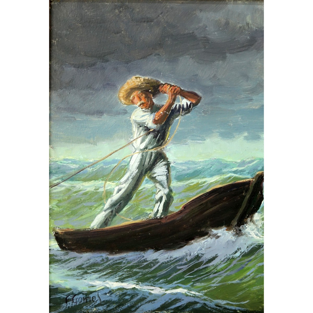Fernando Pinto Gomes, (20th C) Oil on Masonite, Fisherman at Sea, Signed Lower Left. Label attached en verso.