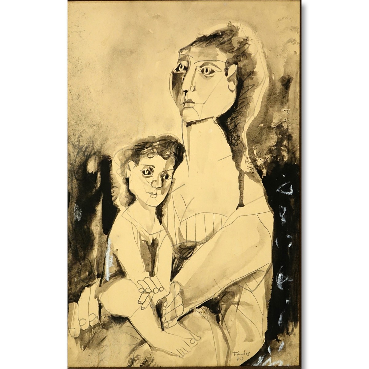 20th Century Gouache on Paper, Portrait of a Mother and Child, Signed Foudos? Lower Right. Some water spots to paper.