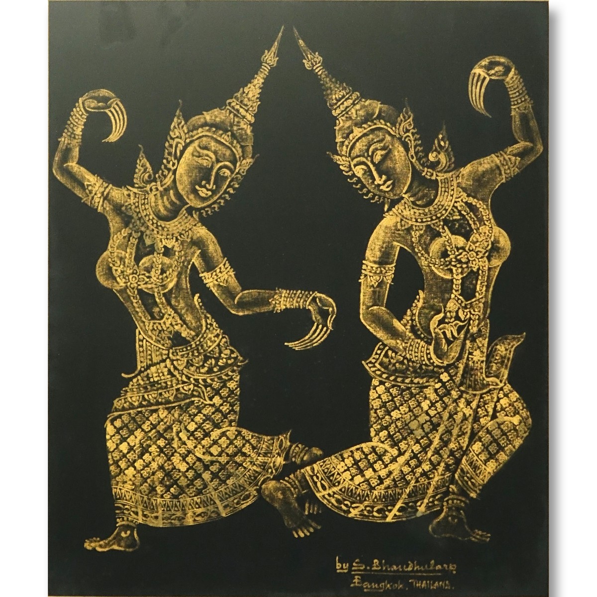 S. Bhaudhularp (20th C) Acrylic on Fabric, Thai Dancers, Signed and Inscribed Bangkok Thailand Lower Right.