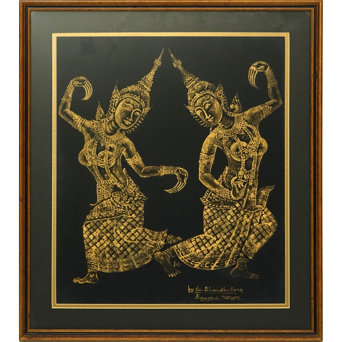 S. Bhaudhularp (20th C) Acrylic on Fabric, Thai Dancers, Signed and Inscribed Bangkok Thailand Lower Right.