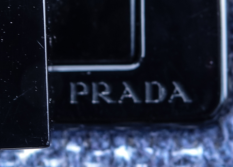 Prada Blue and White Tweed Flap Bag. Black lucite chain and hardware.