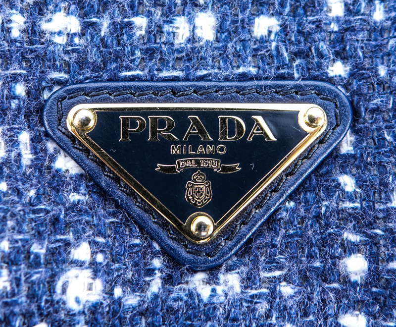 Prada Blue and White Tweed Flap Bag. Black lucite chain and hardware.