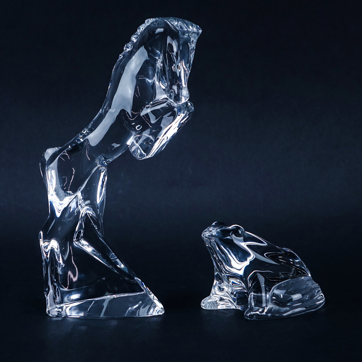 Grouping of Two (2): Baccarat Clear Crystal Horse Figurine, Baccarat Clear Crystal Frog Figurine. Each appropriately signed to base.