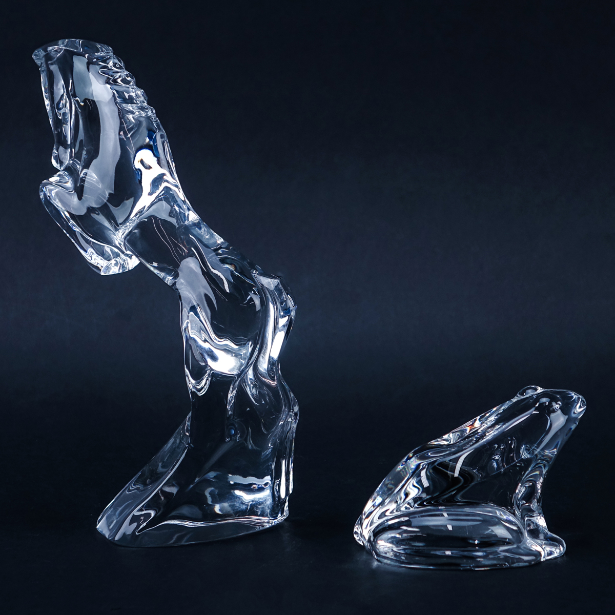 Grouping of Two (2): Baccarat Clear Crystal Horse Figurine, Baccarat Clear Crystal Frog Figurine. Each appropriately signed to base.