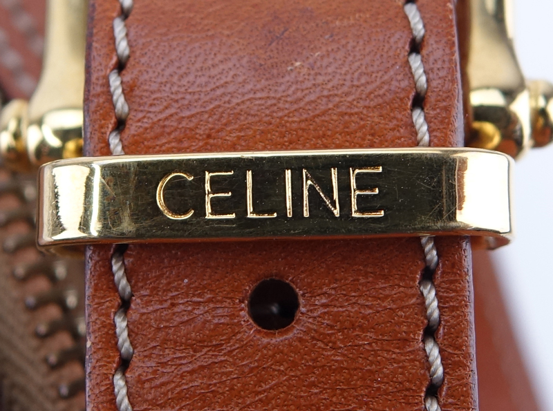 Celine Macadame Brown Coated Canvas Vintage Crossbody Bag With Exterior Pocket. Gold hardware, brown leather straps and sides.