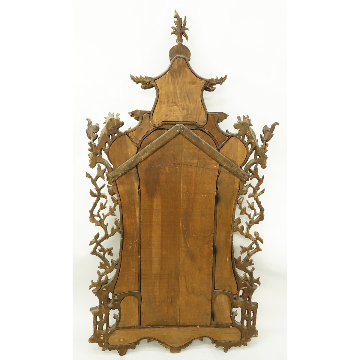 Impressive Large 19/20th Century Carved Wood Chinoiserie Pagoda Mirror. With a seated figure in the pagoda, squirrels, architectural and ornate foliate elements.