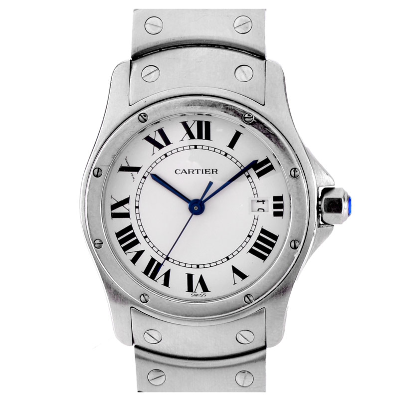 Lady's Vintage Cartier Santos Ronde Stainless Steel Bracelet Watch with Quartz Movement and Calendar. With boxes, papers and extra bracelet links.