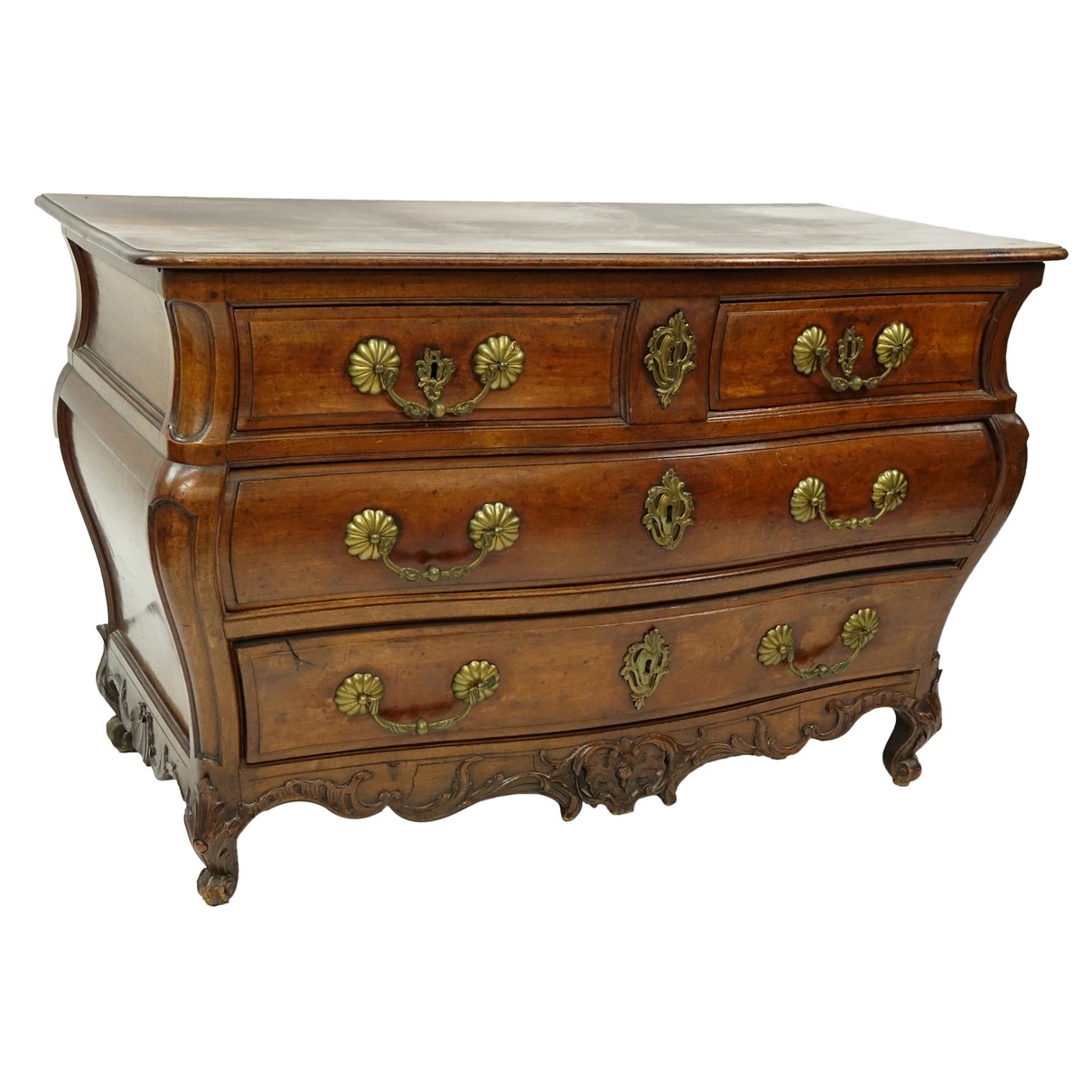 Good 18/19th Century Louis XV French Carved Walnut Commode en Tombeau. Two shaped single drawers with two large drawers.