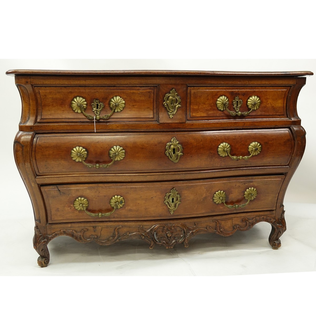 Good 18/19th Century Louis XV French Carved Walnut Commode en Tombeau. Two shaped single drawers with two large drawers.