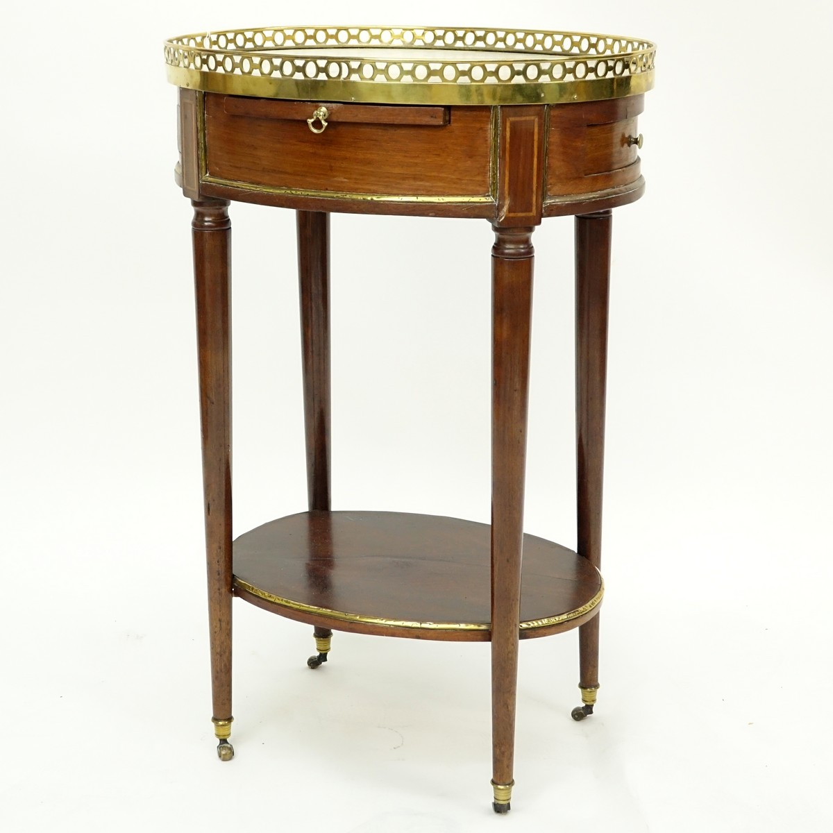 Early 20th Century French Gilt Bronze Mounted Occassional Table with Gallery. Two flanked drawers with top sliding platform.