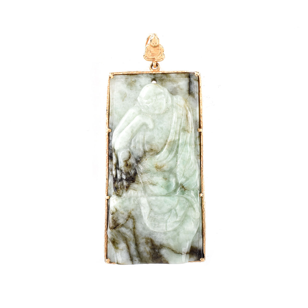 Vintage Chinese Carved Jade and 14 Karat Yellow Gold Pendant. Stamped 14K.