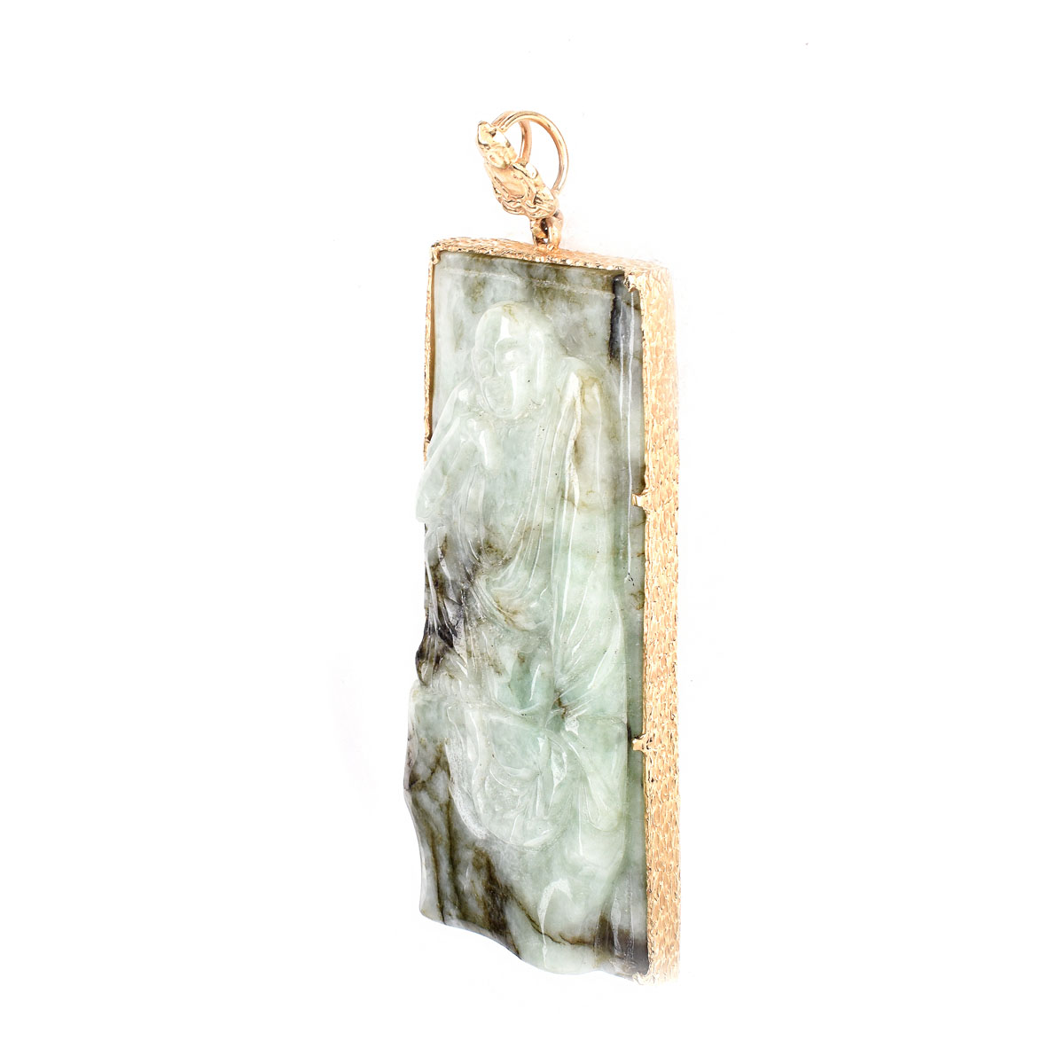 Vintage Chinese Carved Jade and 14 Karat Yellow Gold Pendant. Stamped 14K.