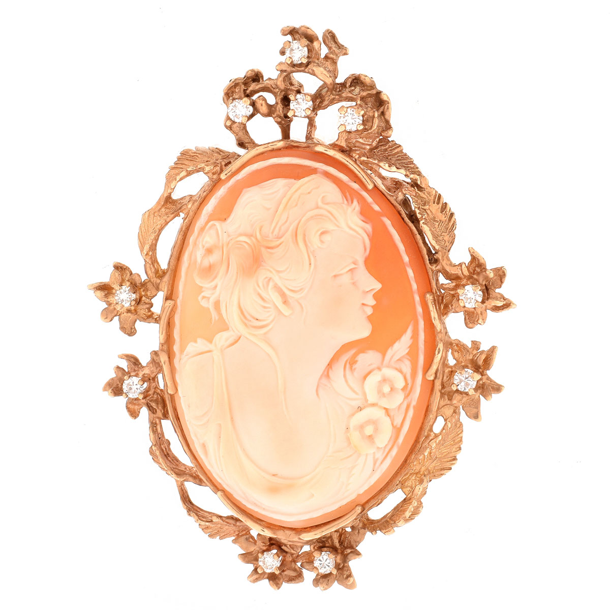 Carved Shell Cameo, Round Brilliant Cut Diamond and 14 Karat Yellow Gold Brooch. Unsigned.