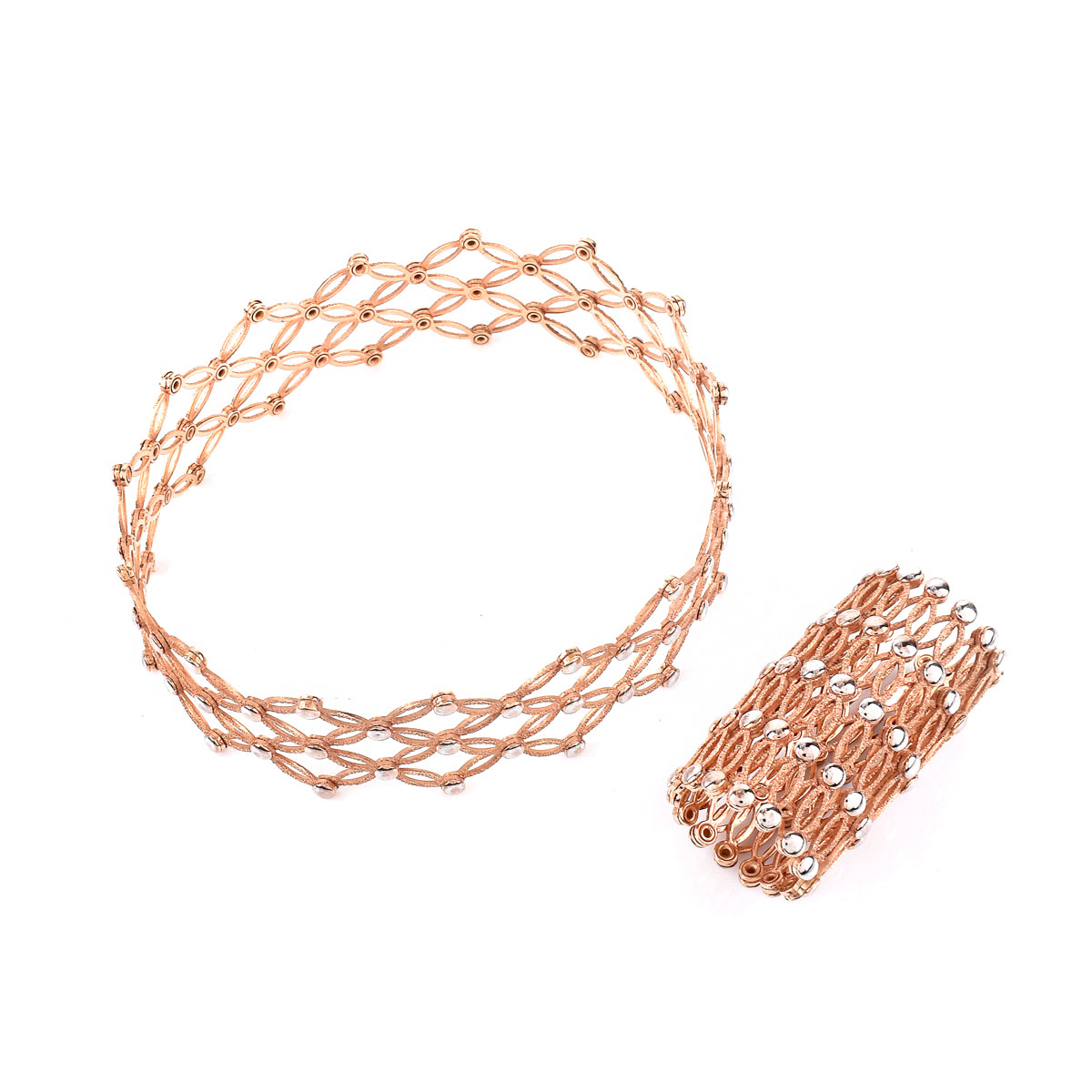 Pair of Italian 18 Karat Rose and White Gold Expandable Lattice Link Cuff Bangle Bracelets. Stamped Italy 18K.