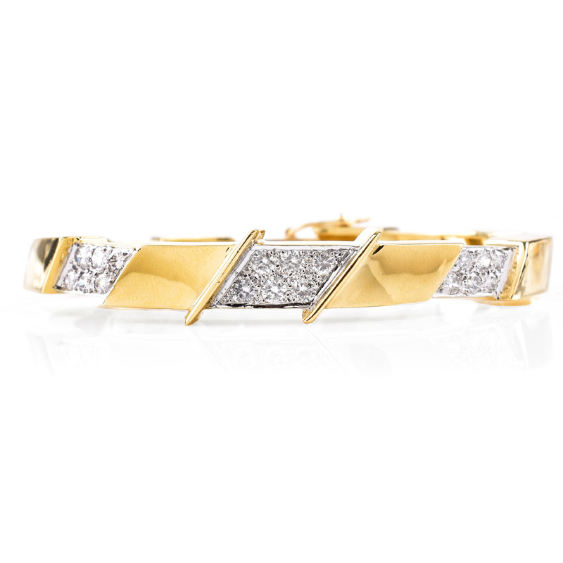 Vintage Approx. 2.75 Carat Pave Set Round Brilliant Cut Diamond and 18 Karat Yellow Gold Hinged Bangle Bracelet.