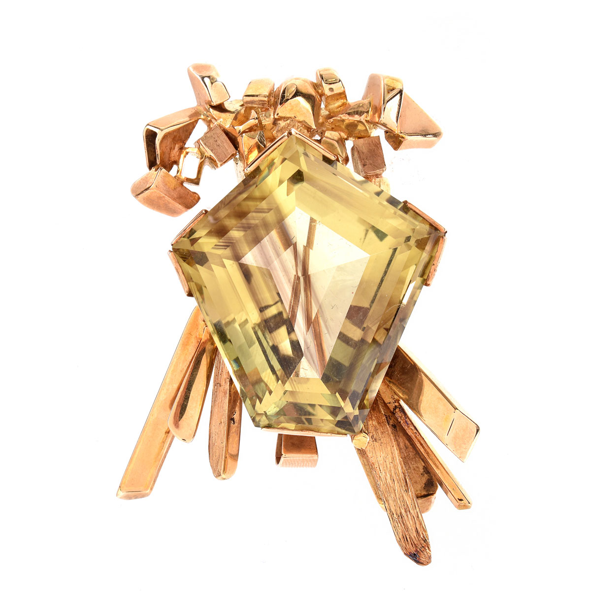 Large Vintage Pentagon Shape Rutilated Quartz and 14 Karat Yellow Gold Brooch. Quartz measures 42mm x 38mm.