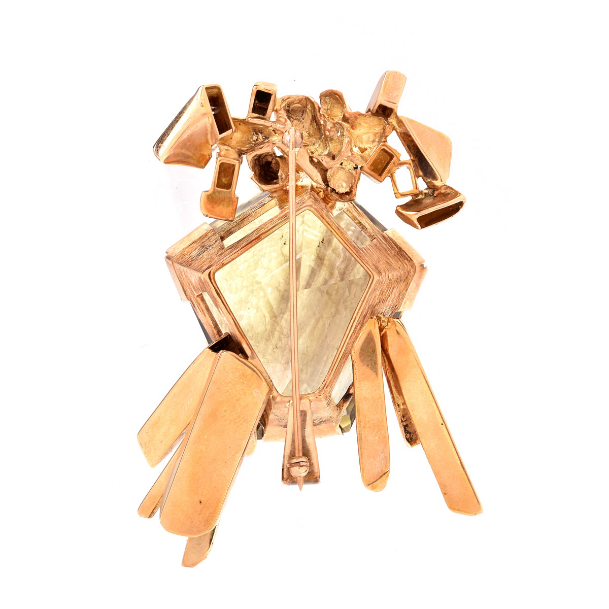 Large Vintage Pentagon Shape Rutilated Quartz and 14 Karat Yellow Gold Brooch. Quartz measures 42mm x 38mm.