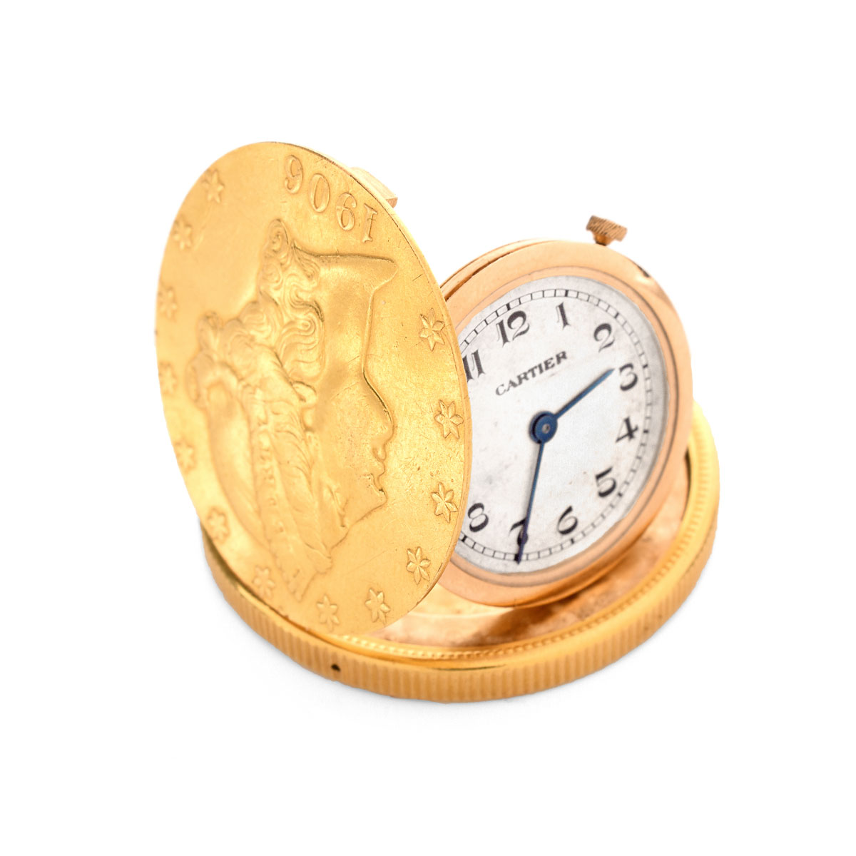 Rare and Very Fine Vintage Cartier 1906 US $20 Liberty Head Gold Coin Watch with Manual Movement. Signed to watch face, appears to be numbered to case back.