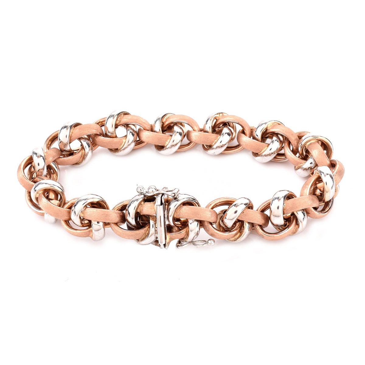 Italian 14 Karat White and Rose Gold Link Bracelet. Stamped 14K.