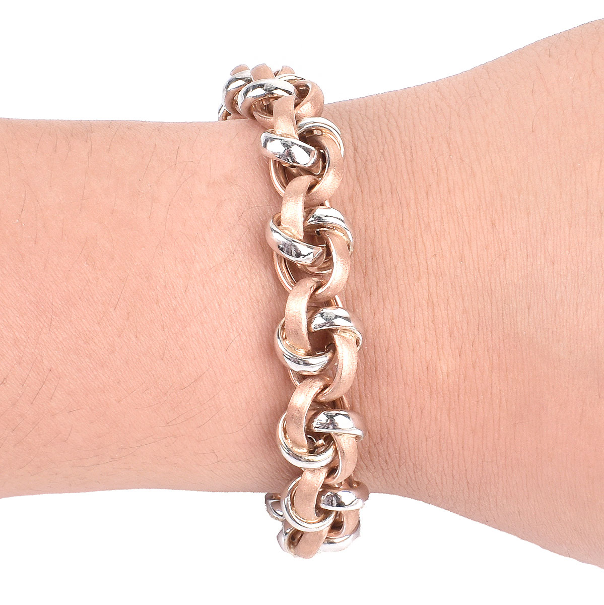 Italian 14 Karat White and Rose Gold Link Bracelet. Stamped 14K.