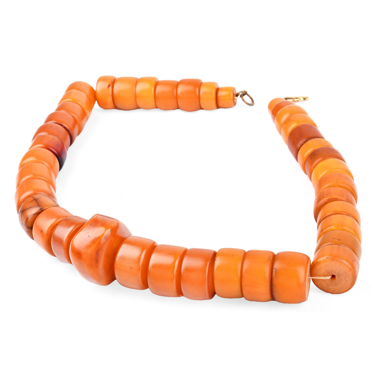 Large Antique Graduated Amber Beaded Necklace, Possibly Tibetan. Natural deep color tones with typical stress lines to a few beads overall good condition.