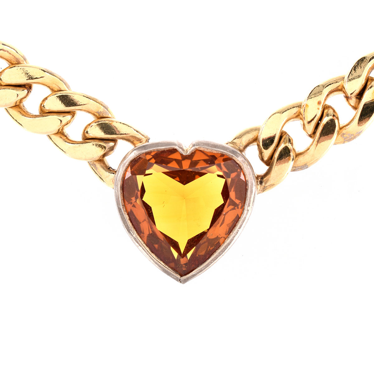 Vintage Heart Shape Citrine and Vermeil Cuban Link Necklace. Citrine measures 17.