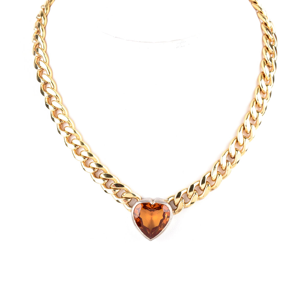 Vintage Heart Shape Citrine and Vermeil Cuban Link Necklace. Citrine measures 17.