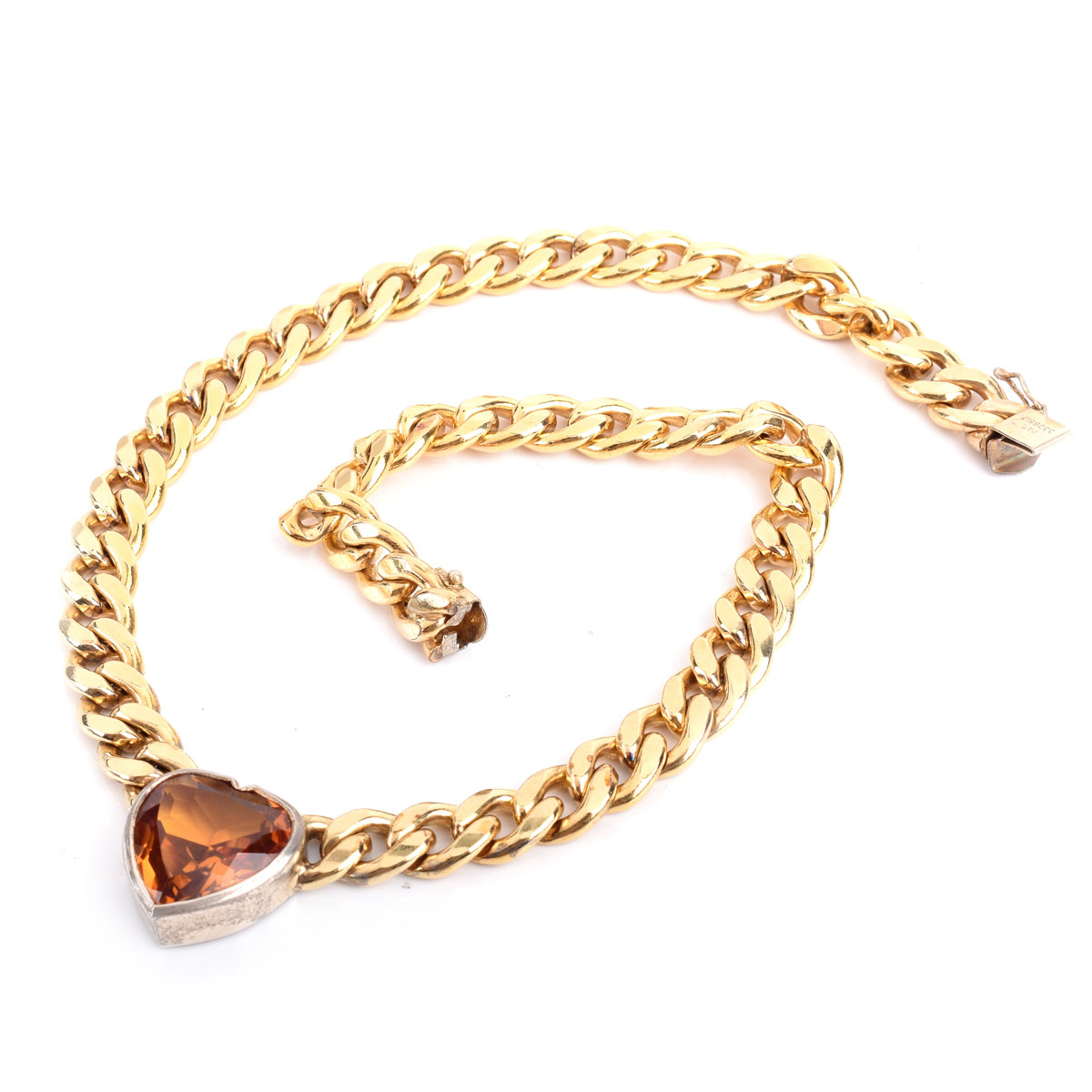 Vintage Heart Shape Citrine and Vermeil Cuban Link Necklace. Citrine measures 17.