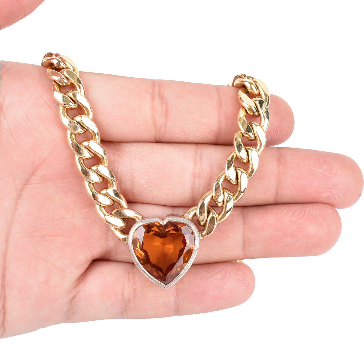 Vintage Heart Shape Citrine and Vermeil Cuban Link Necklace. Citrine measures 17.