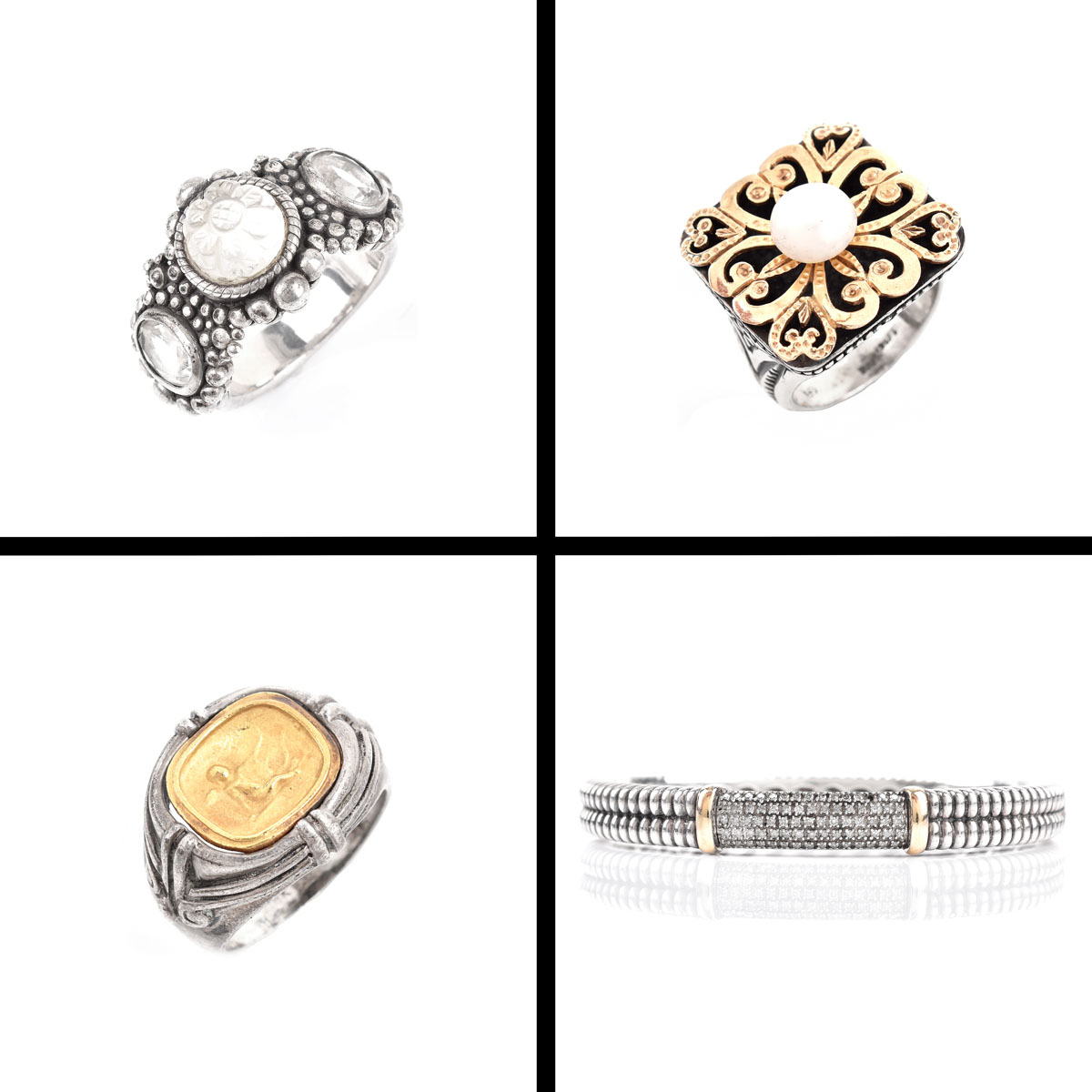 Collection of Vintage Jewelry Including: Sterling Silver and 14 Karat Yellow Gold Hinged Bangle Bracelet; Sterling Silver and 18 Karat Yellow Gold Coin Ring; Sterling Silver 14 Karat Yellow Gold and Pearl Ring and a Stephen Dweck Sterling Silver and Carve