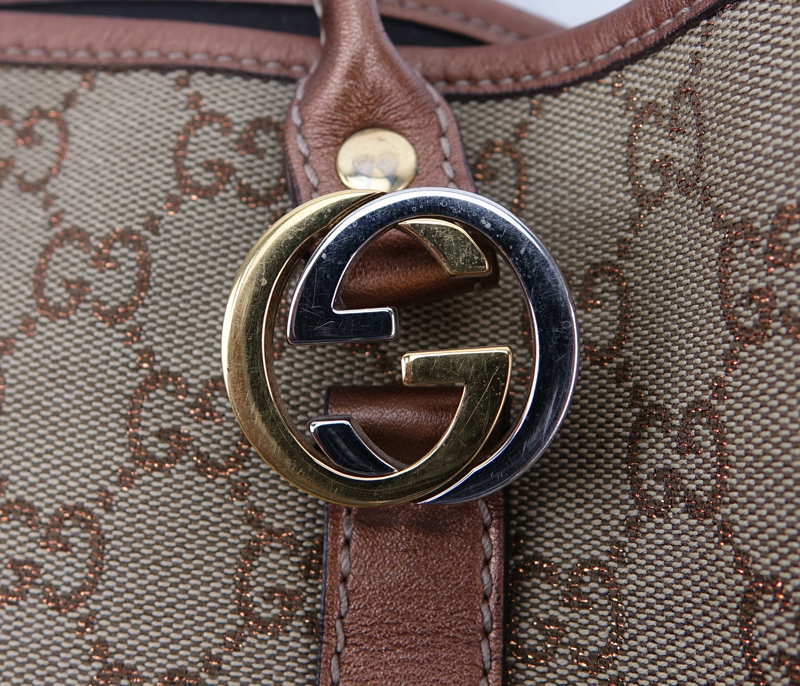 Gucci Beige/Metallic Brown And Leather Monogram Canvas Twins PM Tote. Gold and silver tone hardware.