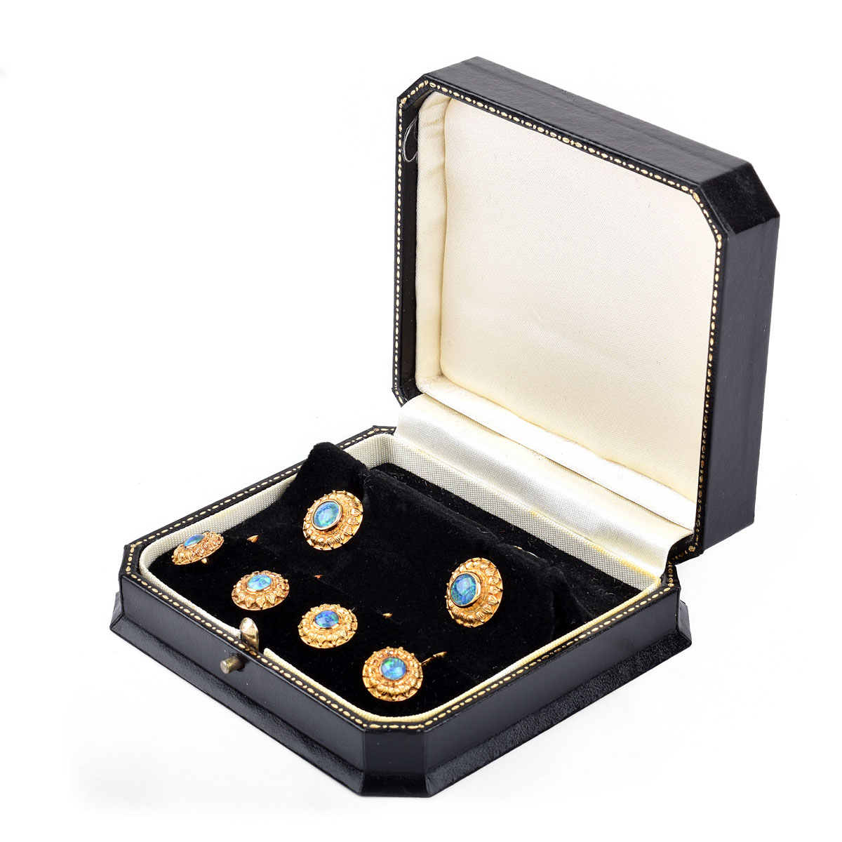 Man's Vintage Black Opal and 18 Karat Yellow Gold Six (6) Piece Dress Shirt Set Including Cufflinks and Four (4) Shirt Studs. Stamped 18K and Maker's Mark.