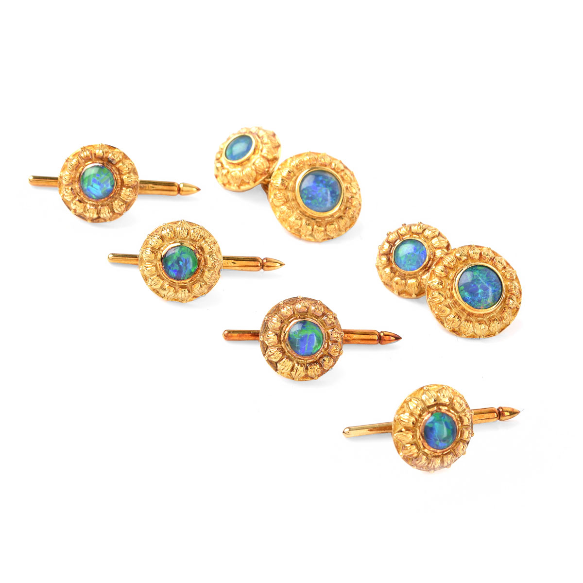 Man's Vintage Black Opal and 18 Karat Yellow Gold Six (6) Piece Dress Shirt Set Including Cufflinks and Four (4) Shirt Studs. Stamped 18K and Maker's Mark.