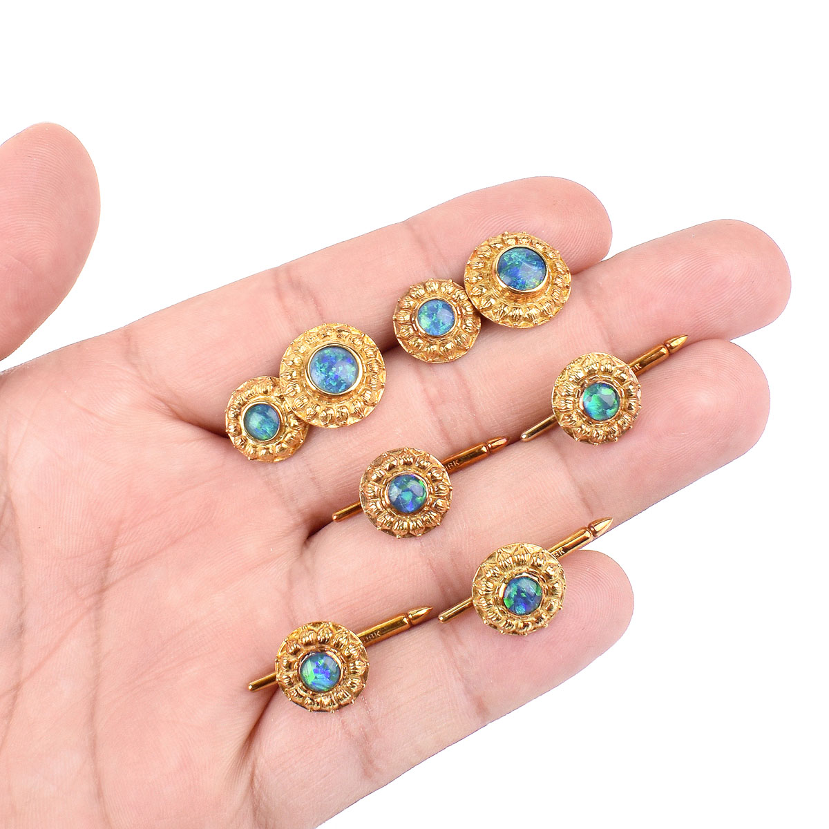 Man's Vintage Black Opal and 18 Karat Yellow Gold Six (6) Piece Dress Shirt Set Including Cufflinks and Four (4) Shirt Studs. Stamped 18K and Maker's Mark.