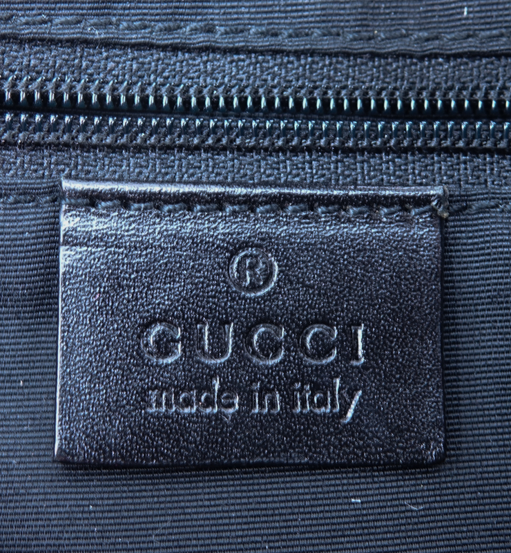 Gucci Black Monogram Denim Canvas And Leather Jackie MM Hobo Bag. Silver hardware.