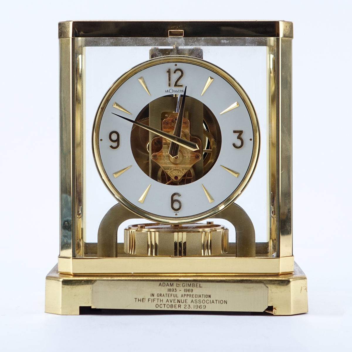 Jaeger LeCoultre Atmos Clock. Housed in brass and glass case.