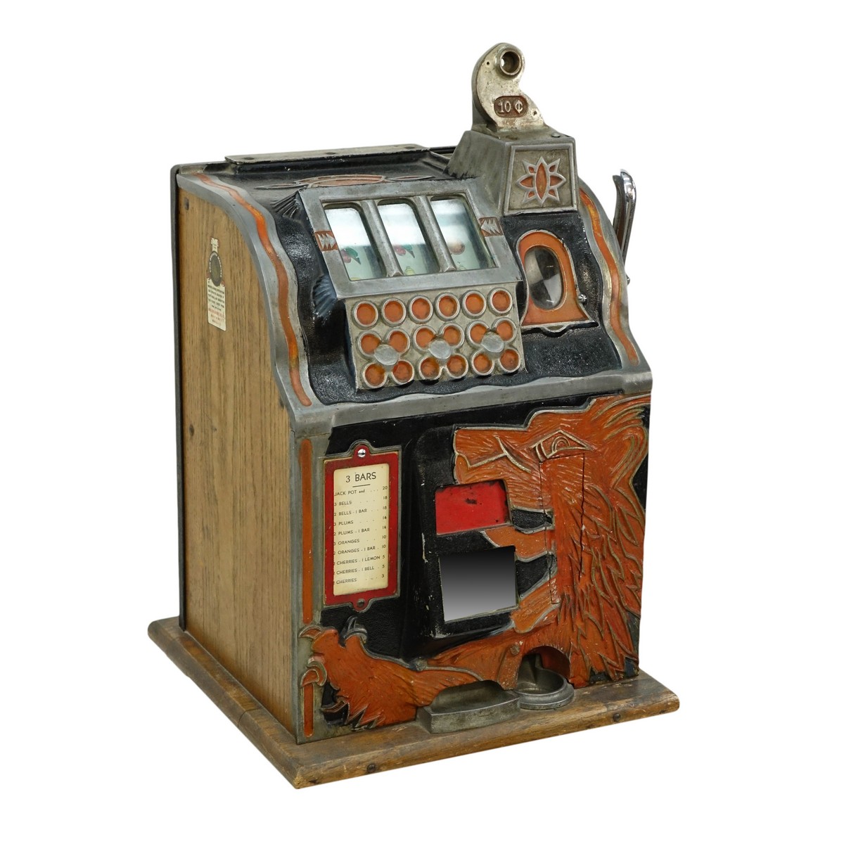 Antique 10 Cent 3-Bar Slot Machine with Key, Huber Coin Machine Sales Co. Chicago, Illinois.