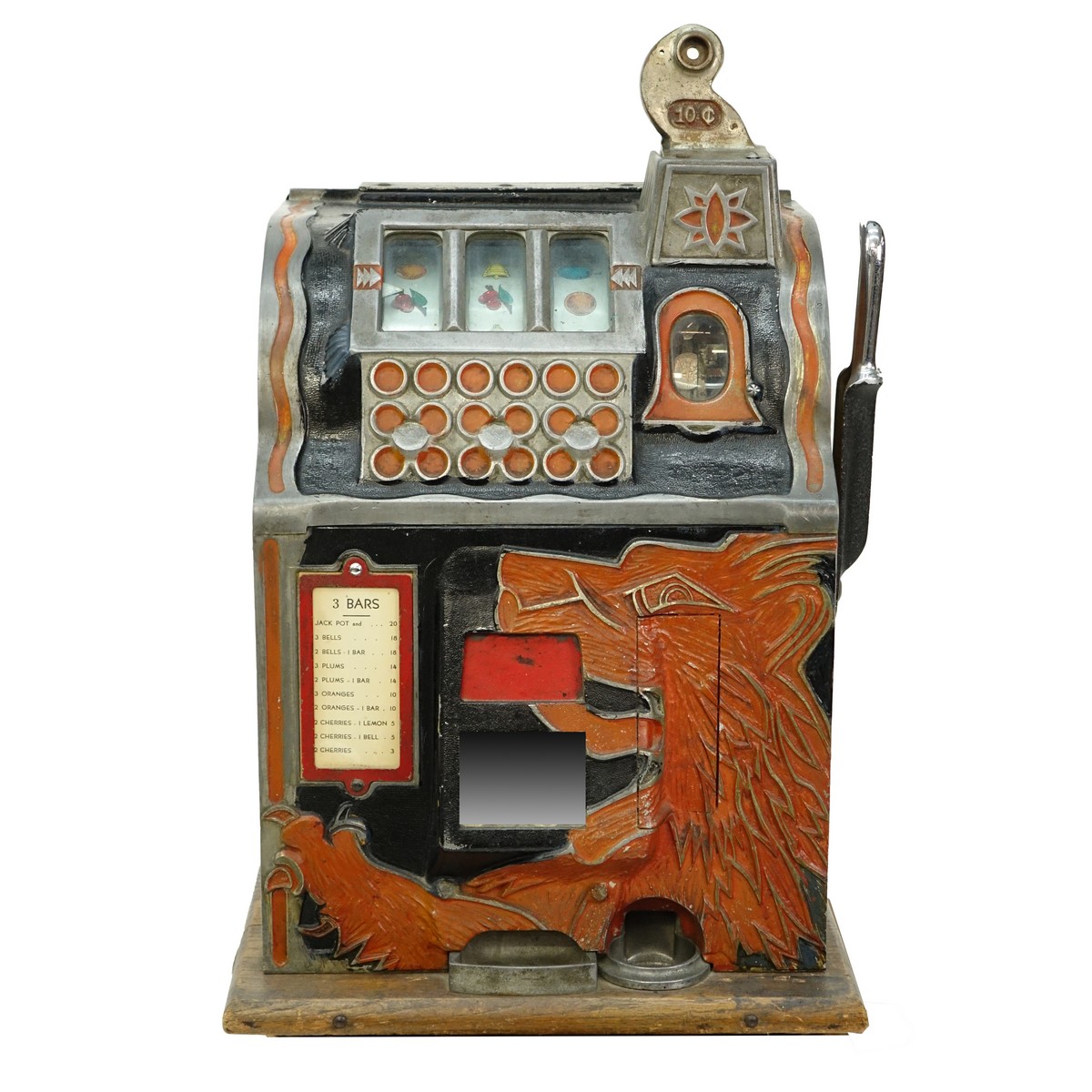 Antique 10 Cent 3-Bar Slot Machine with Key, Huber Coin Machine Sales Co. Chicago, Illinois.