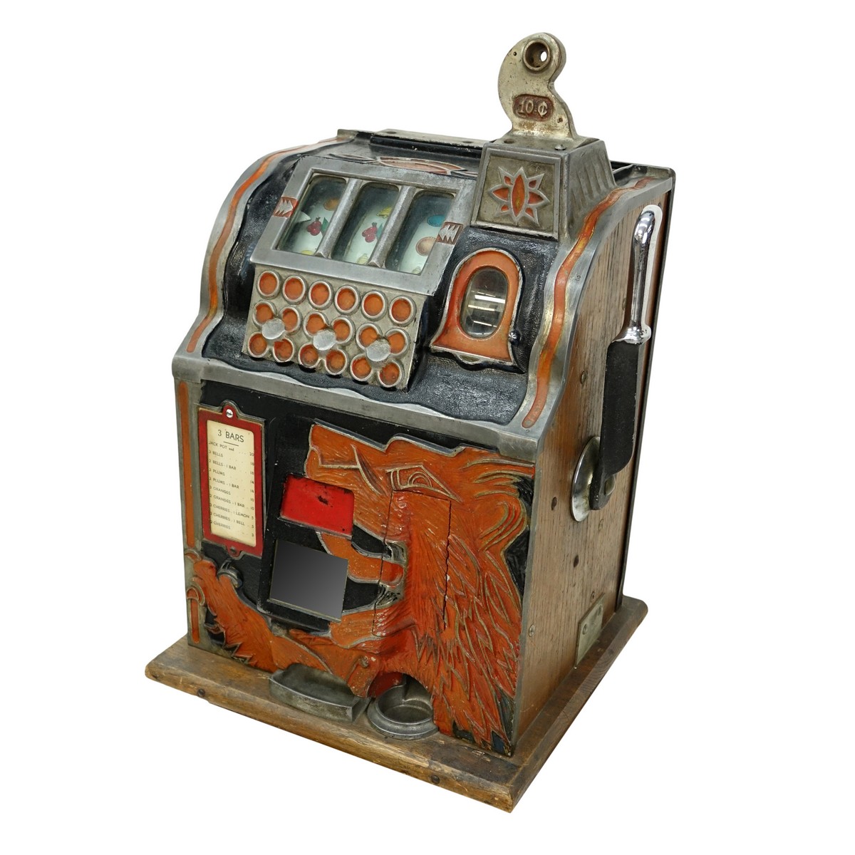 Antique 10 Cent 3-Bar Slot Machine with Key, Huber Coin Machine Sales Co. Chicago, Illinois.