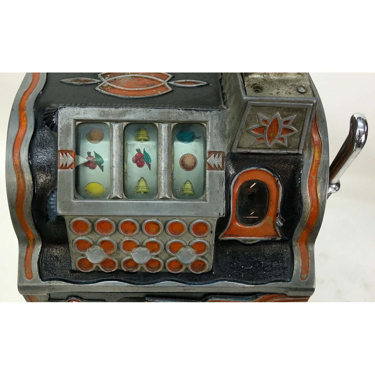 Antique 10 Cent 3-Bar Slot Machine with Key, Huber Coin Machine Sales Co. Chicago, Illinois.