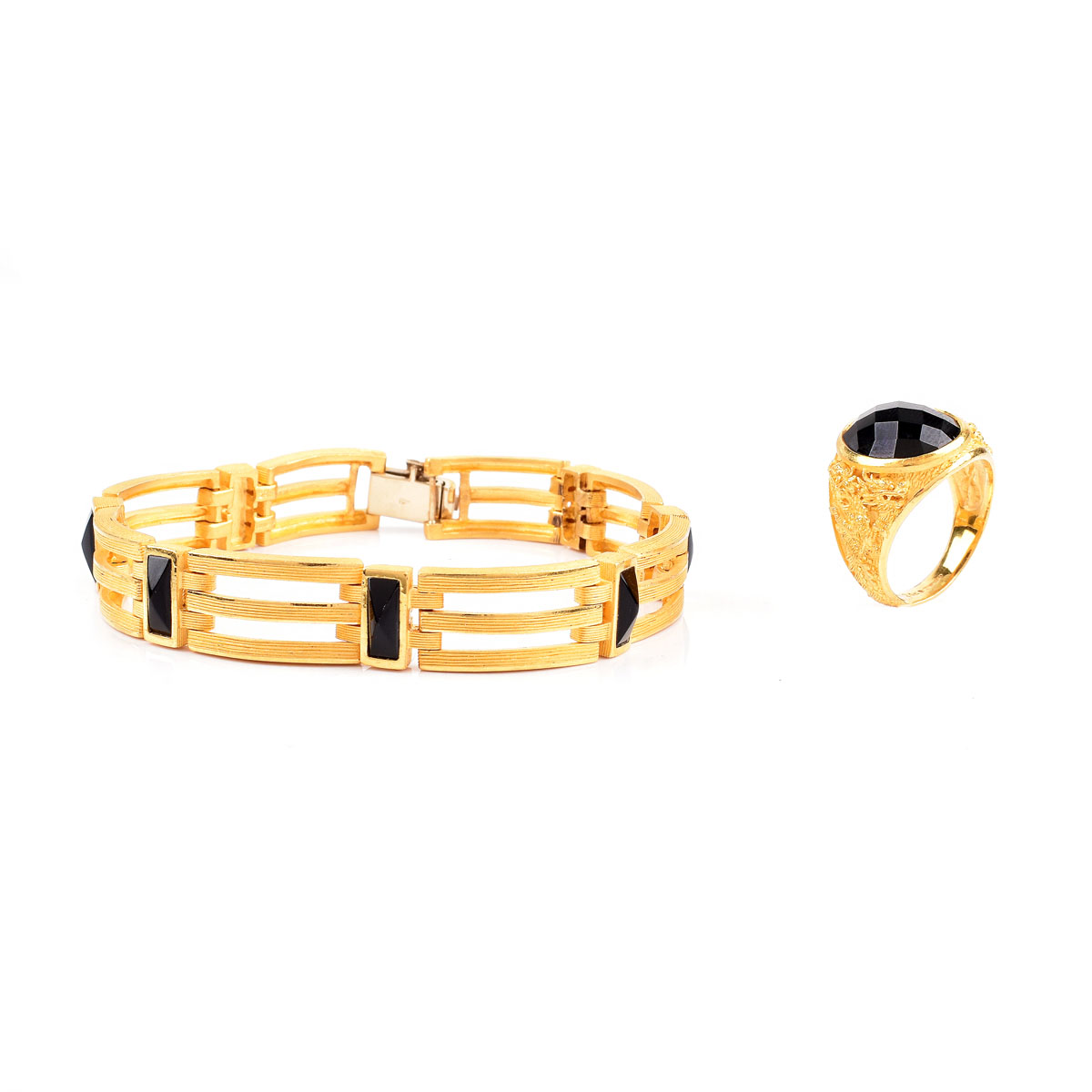 Man's Vintage Prima Criss Cross Cut Black Diamond and 24 Karat Yellow Gold Ring together with Prima 18 Karat Yellow Gold and Black Onyx Bracelet. Signed.