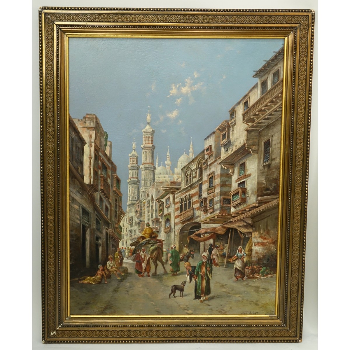 Max Friedrich Rabes, German (1868 - 1944) Oil on Canvas, Street Scene in Cairo, Signed Lower Right. Craquelure and light yellow spotting.