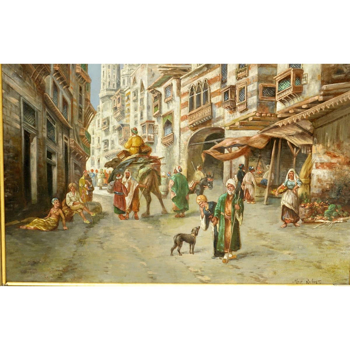 Max Friedrich Rabes, German (1868 - 1944) Oil on Canvas, Street Scene in Cairo, Signed Lower Right. Craquelure and light yellow spotting.