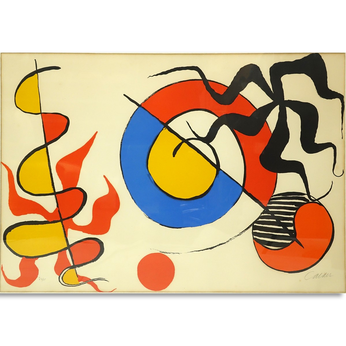 Alexander (Sandy) Calder, American (1898 - 1976) Color lithograph "Spirale Et Poulee". Signed in pencil and numbered 24/75, gallery label" Far Gallery, New York.