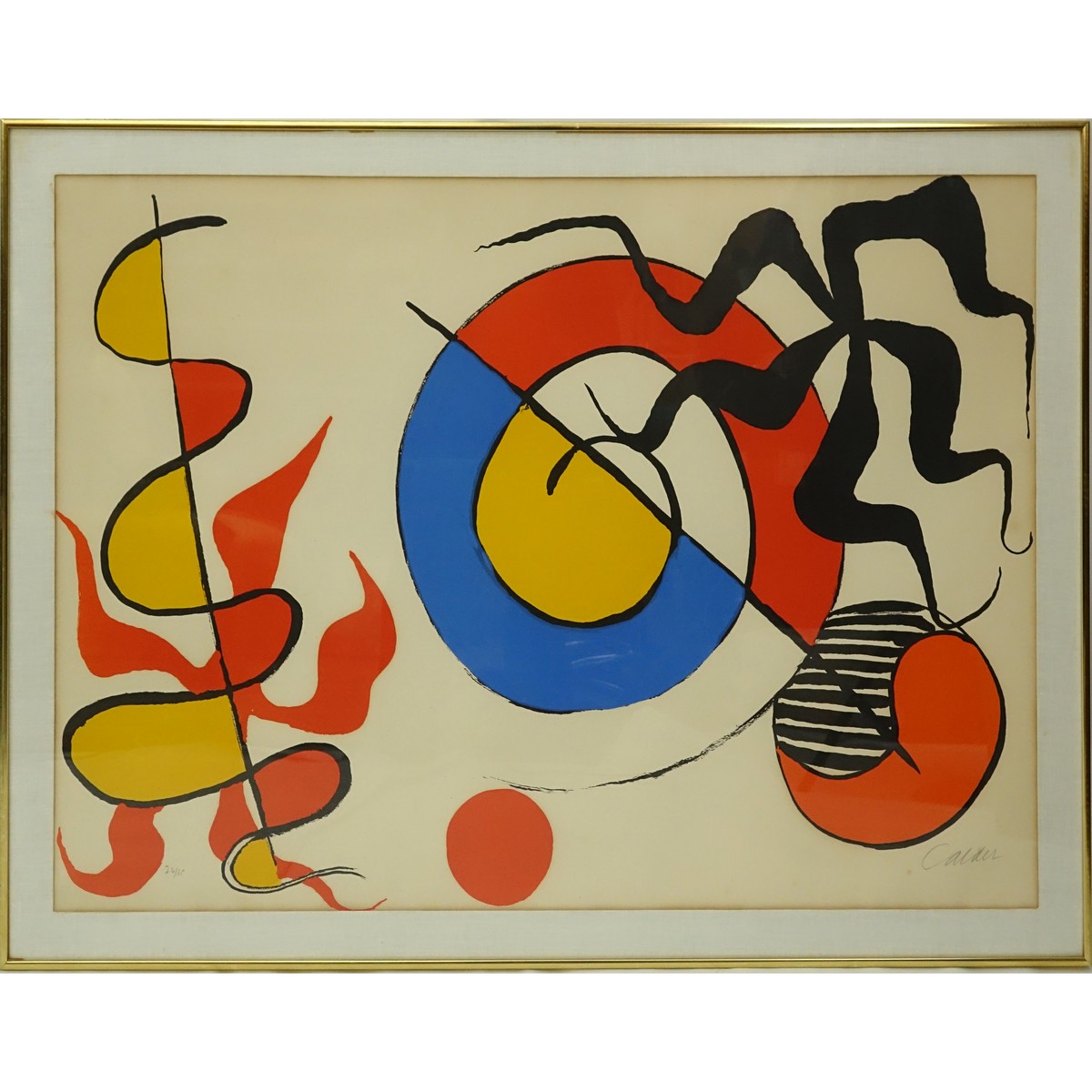 Alexander (Sandy) Calder, American (1898 - 1976) Color lithograph "Spirale Et Poulee". Signed in pencil and numbered 24/75, gallery label" Far Gallery, New York.