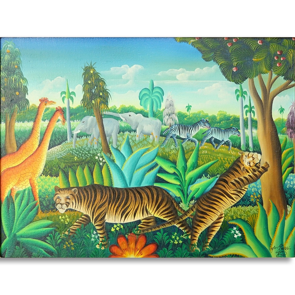 Yves Jean-Pierre, Haitian (20th C) Oil on canvas "Jungle Animals" Signed lower right. Good condition.