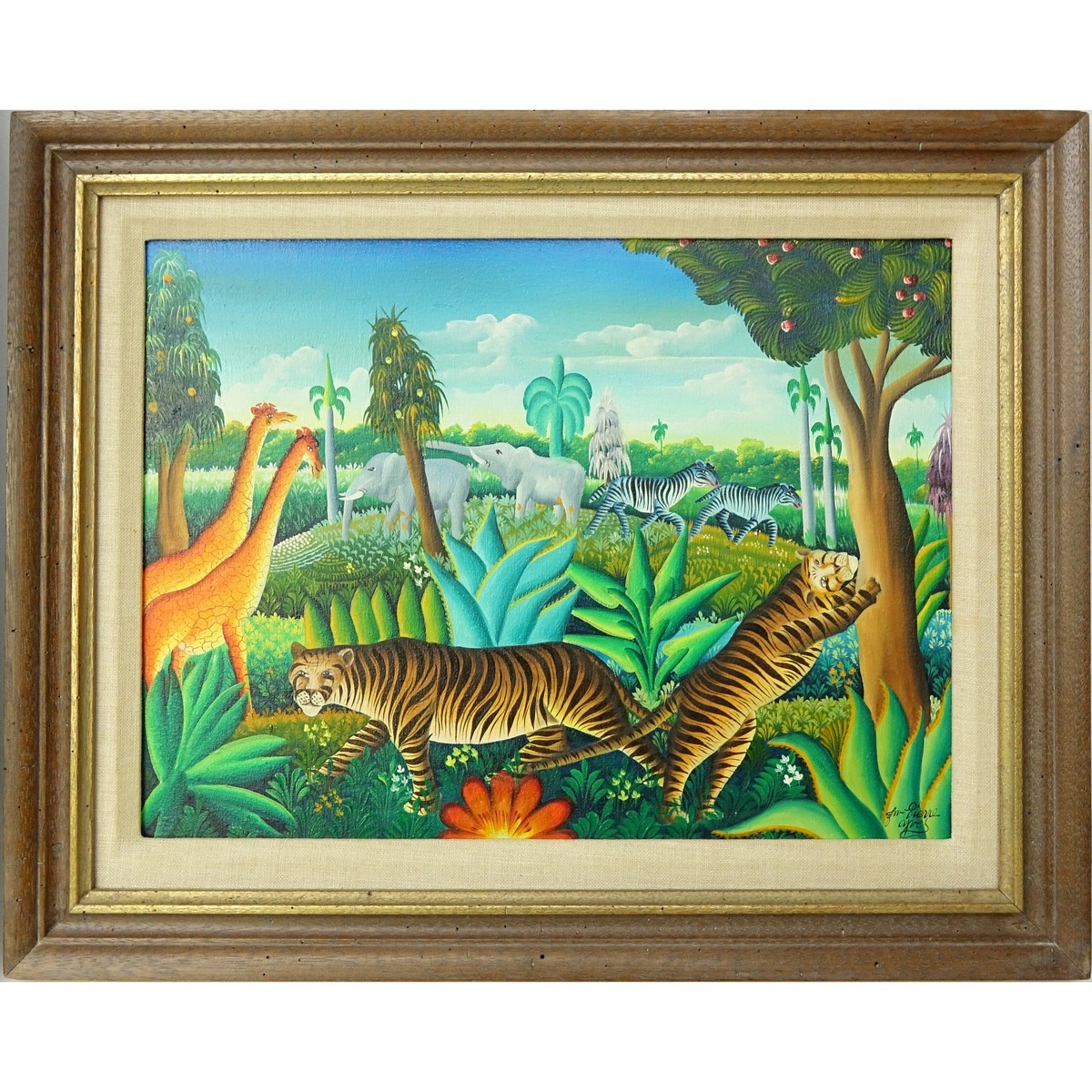 Yves Jean-Pierre, Haitian (20th C) Oil on canvas "Jungle Animals" Signed lower right. Good condition.