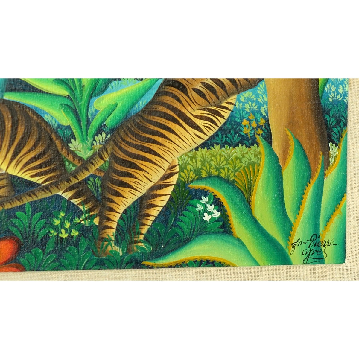 Yves Jean-Pierre, Haitian (20th C) Oil on canvas "Jungle Animals" Signed lower right. Good condition.